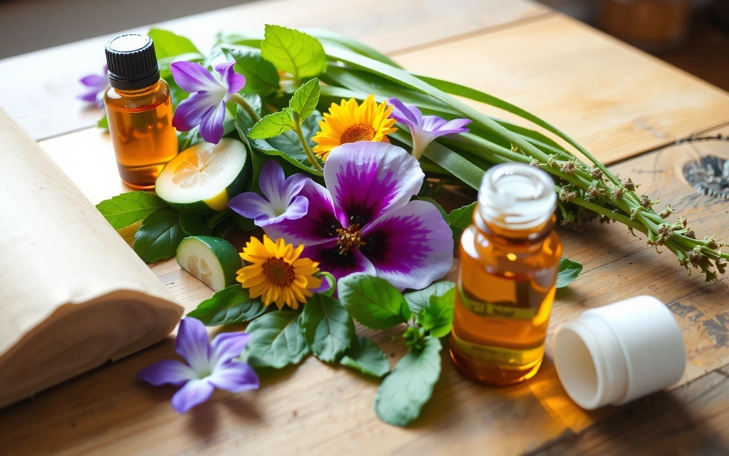 A close-up of fresh, vibrant botanical ingredients like herbs, flowers, and essential oils, arranged aesthetically on a rustic wooden table, bathed in soft, natural light.