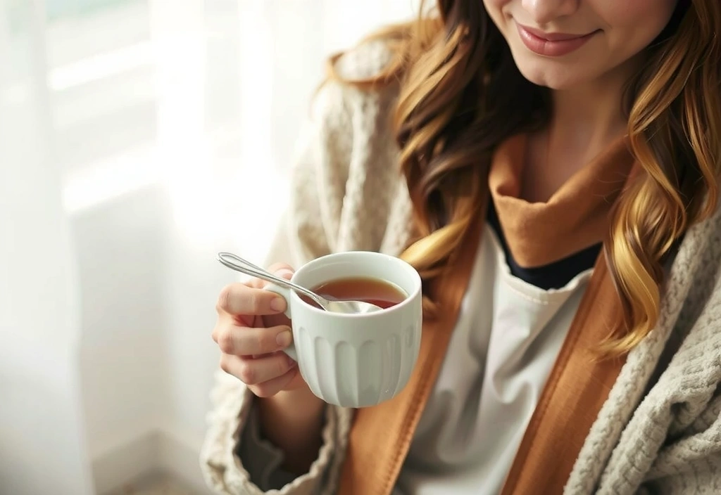 A person enjoying a quiet moment with a cup of herbal tea, practicing self-care.