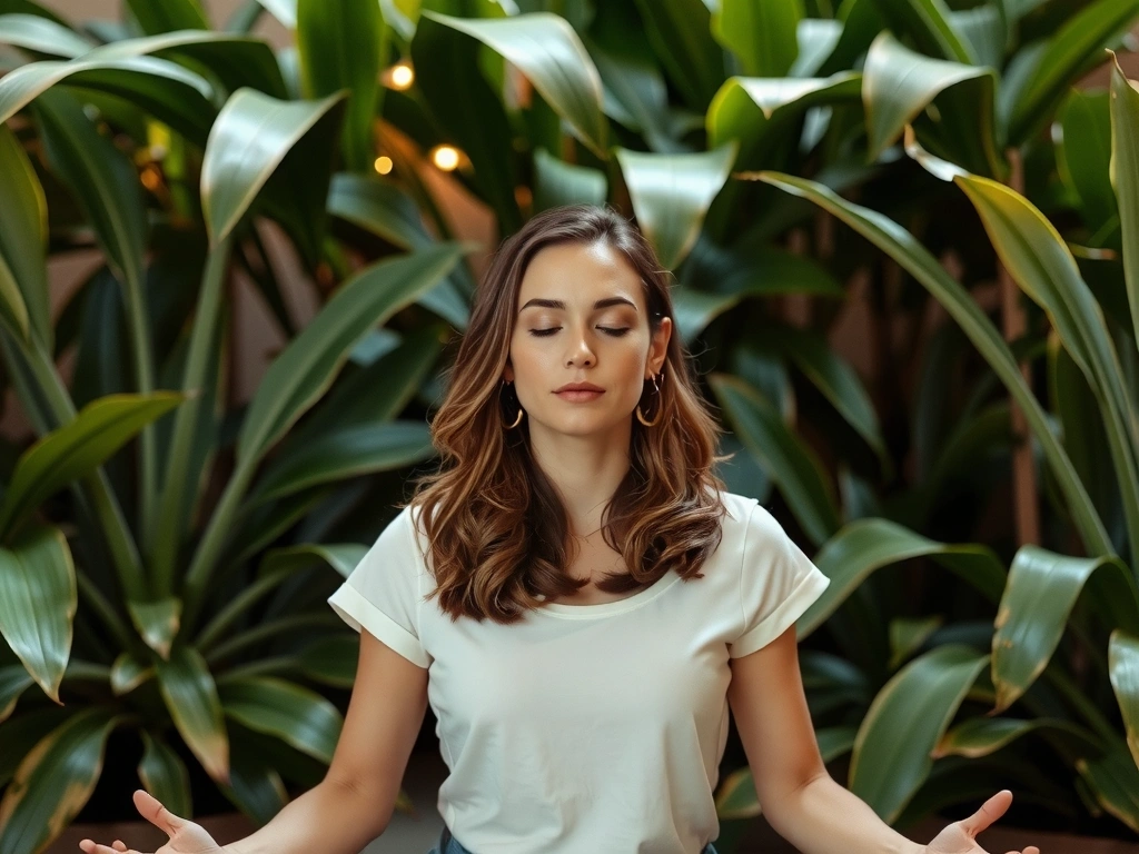 A serene woman meditating amidst lush green plants, embodying balance and natural wellness.