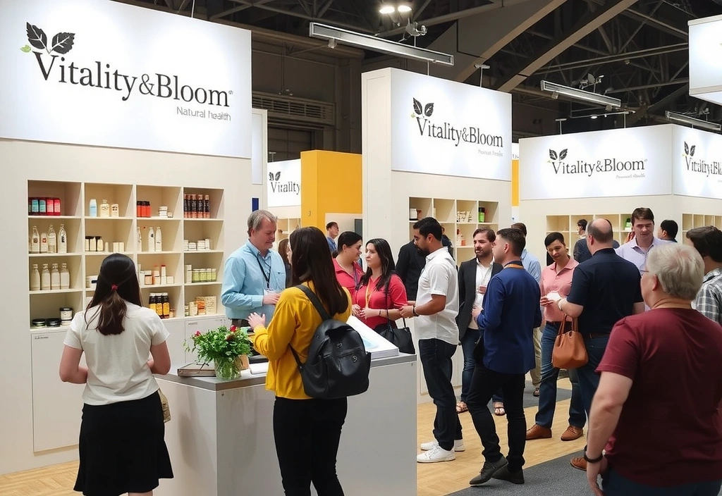 The Vitality & Bloom booth at a bustling natural health expo.