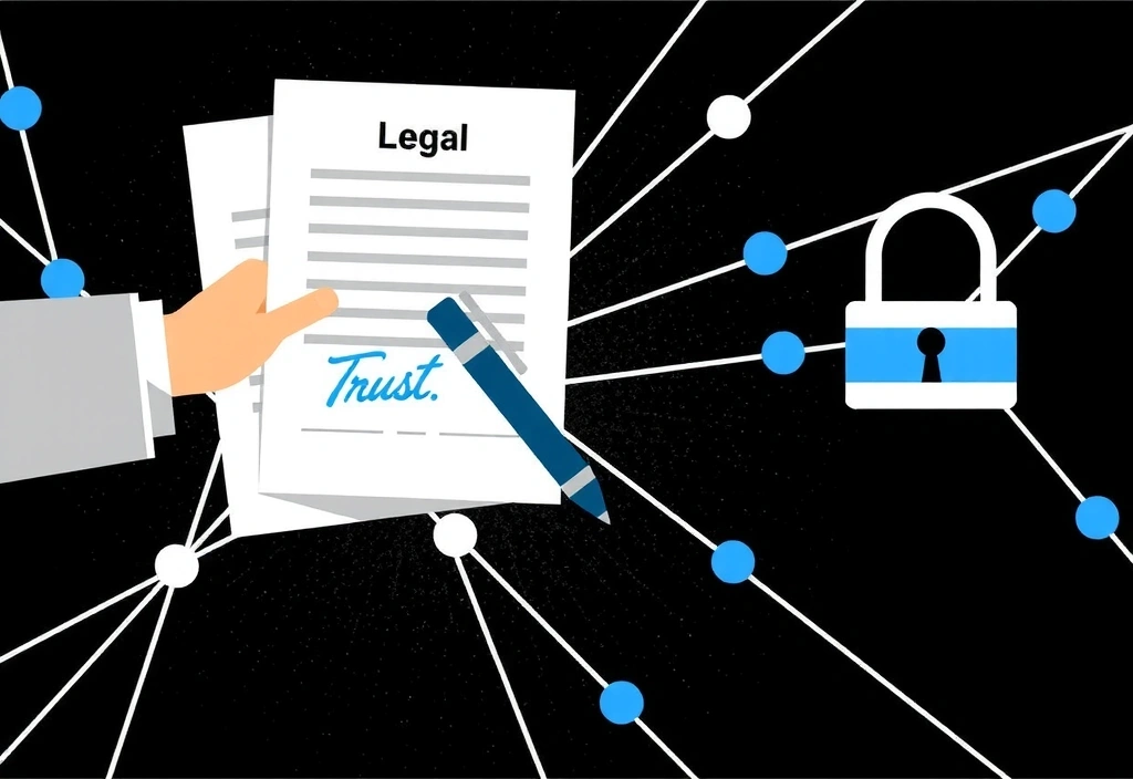 Abstract representation of legal documents and digital signatures, symbolizing agreement and terms of service
